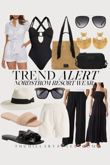 Trend Alert: Nordstrom Resort Wear. Vacation and summer finds from Nordstrom. Black maxi dress, linen pants, linen shirts, swim cover-up, black swimsuit, sandals, sunglasses, straw bag, waterproof bag, gold earrings. Resort wear, summer outfit, vacation outfit, beach outfit. Madewell, Quay, Open Edit, Katy Perry, AllSaints, Dagne Diver, Diff, Becca, Gas Bijoux, Rip Curl. 

#LTKSeasonal #LTKstyletip #LTKtravel