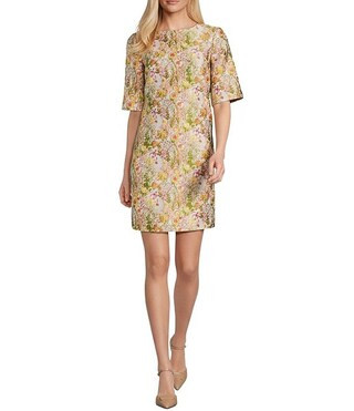 Preston & York Maris Floral Round Neck Elbow Sleeve Brocade Dress | Dillard's | Dillard's