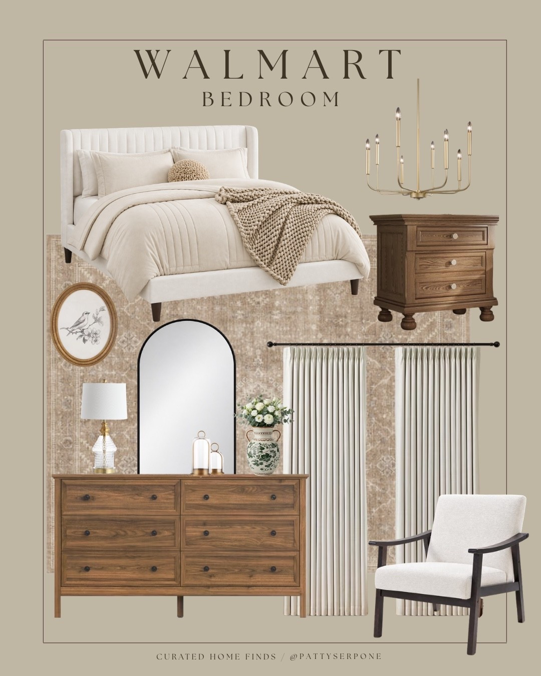 Walmart Bedroom looks so high end but these pieces are affordable and a fraction of the price for the designer ones. Walmart bedroom, Walmart home, Walmart finds, Walmart furniture, affordable bedroom, bedroom decor, bedroom inspiration, bedroom makeover, affordable home decor, designer look for less, designer inspired, neutral bedroom, cozy bedroom, modern bedroom, bedroom furniture, upholstered bed, bedroom rug, area rug, wood nightstands, wood dresser, bedroom curtains, neutral curtains, bedroom chandelier, bedside lamp, accent chair, bedroom lighting, affordable furniture, elevated home decor, warm neutral decor, Walmart home finds

#LTKHome #LTKOver40 #LTKSeasonal