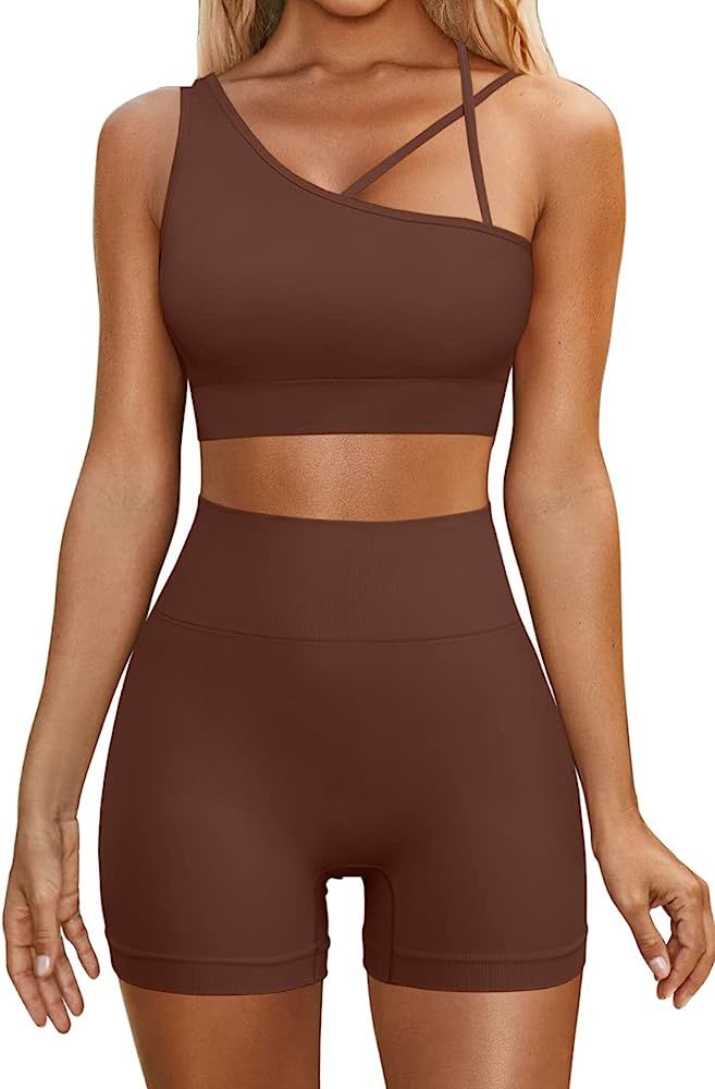 QINSEN Workout Sets for Women One Shoulder Sport Bra High Waist Booty Shorts Seamless Gmy Yoga 2 ... | Amazon (US)