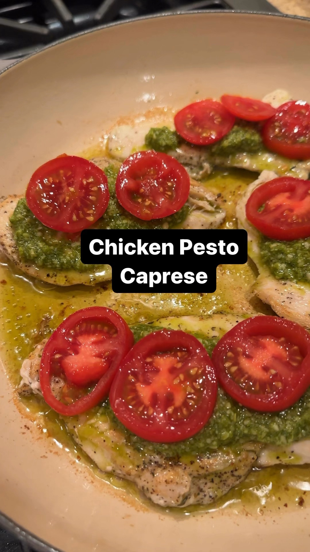 Chicken Pesto Caprese
I've got the perfect summer dinner! Perfectly seasoned chicken layered with pesto, sliced tomatoes and mozzarella. Pan seared then baked in the oven. Comes together quickly and great on its own or with a side. 

Here's what you'll need:
One chicken breast, per person
3 tbsp Italian seasonings (oregano, thyme and rosemary) (dried or fresh)
2 tsp salt
2 tsp pepper
Olive oil
1/2 cup of basil (store bought, Kirkland is my go to)
Tomato, sliced
1 package of mozzarella, sliced (fresh or low moisture) I used whole milk, low moisture here.
1 handful of basil, torn for garnish

Here’s how you make it:
I always start by prepping my ingredients. It makes cooking so much more seamless, it also ensures I don’t forget any of the ingredients.
1. Start off by slicing your tomatoes, mozzarella and chopping the basil. 
2. Then, prepare your chick breasts by removing any fat or bones.
3. Mix salt, pepper and Italian seasonings together. Rub seasonings onto the chicken. Drizzle the chicken with olive oil to lightly coat, and ensure the seasonings stick.
4. Heat up your oven safe pan on medium, drizzle olive oil to cover the bottom of the pan.
5. Sear the chicken on each side for 3-5 minutes, until a golden crust develops, and the chicken is cooked through. Once cooked, remove to a baking dish, and continue cooking the remainder of the chicken.
6. Once all the chicken is browned top with pesto to just cover, sliced tomatoes then fresh mozzarella. 
7. Bake at 350 for 10-20 minutes, until the cheese is just starting to melt. Remove once cheese has melted and the pan juices are bubbling.
8. Remove from the oven, top with fresh basil and enjoy! 