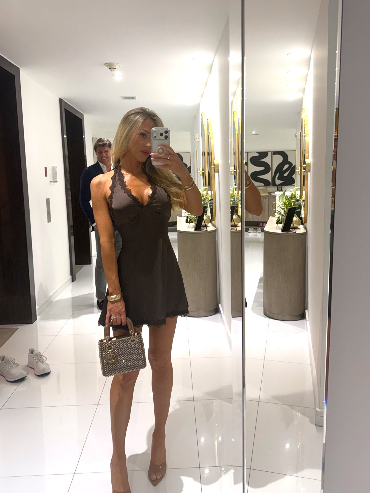 Date night! Chocolate brown silky mini dress halter neck nude toffee clear pointed toe sandal heels 
Wearing xxs 

#LTKootd
