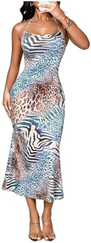 Floerns Women's Leopard Print Sleeveless Halter Dress Club Bodycon Maxi Dresses | Amazon (US)