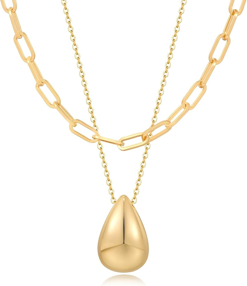 FAMARINE Gold Layered Necklace for Women Paperclip Chain Necklace Teardrop Pendant Necklace | Amazon (US)