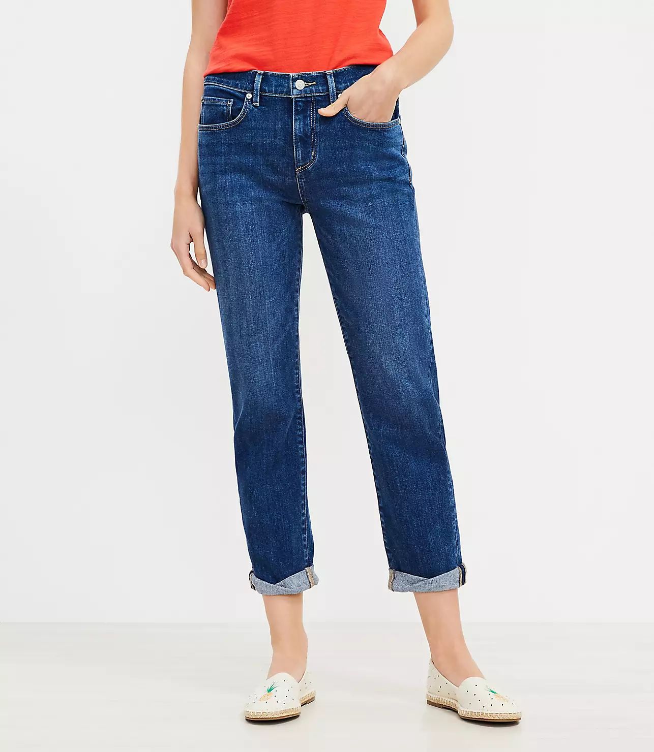 Curvy Super Soft Girlfriend Jeans in Bright Mid Indigo Wash | LOFT