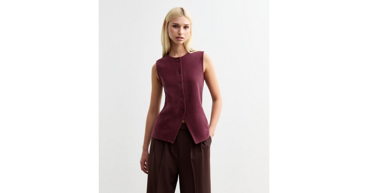 Burgundy Soft Touch Ribbed Crew Neck Waistcoat | New Look | New Look (UK)