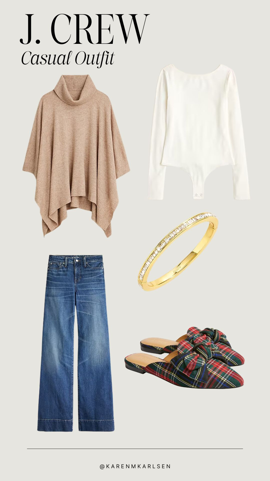 Looking for the perfect casual and neutral J crew outfit with a pop of color, I’ve got you covered! How amazing are these plaid holiday mules! Would even be a fun gift for a girlfriend too! Jeans, body suit, poncho and you are set for the day!

Jcrew style, fall vibes, thanksgiving outfit, poncho, body suit, denim 

#LTKGiftGuide #LTKSaleAlert #LTKOver40