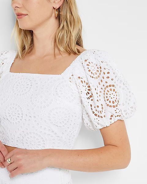 Square Neck Puff Sleeve Eyelet Crop Top | Express