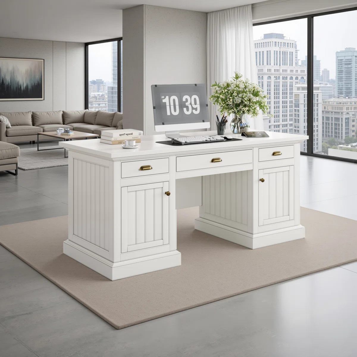 68" Farmhouse Executive Desk With 3 Drawers And 2 Cabinets | Wayfair North America