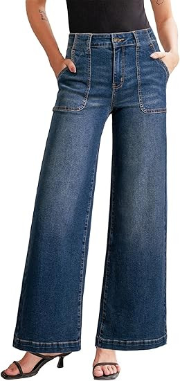 Sidefeel Womens Wide Leg Jeans High Waisted Stretchy Straight Leg Baggy Denim Pants with Pockets | Amazon (US)