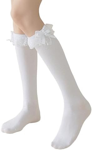 SRYL Women Girl's Cotton Knee High Socks with Lace Ruffle Trim Socks, Calf Socks Bow Style… | Amazon (US)