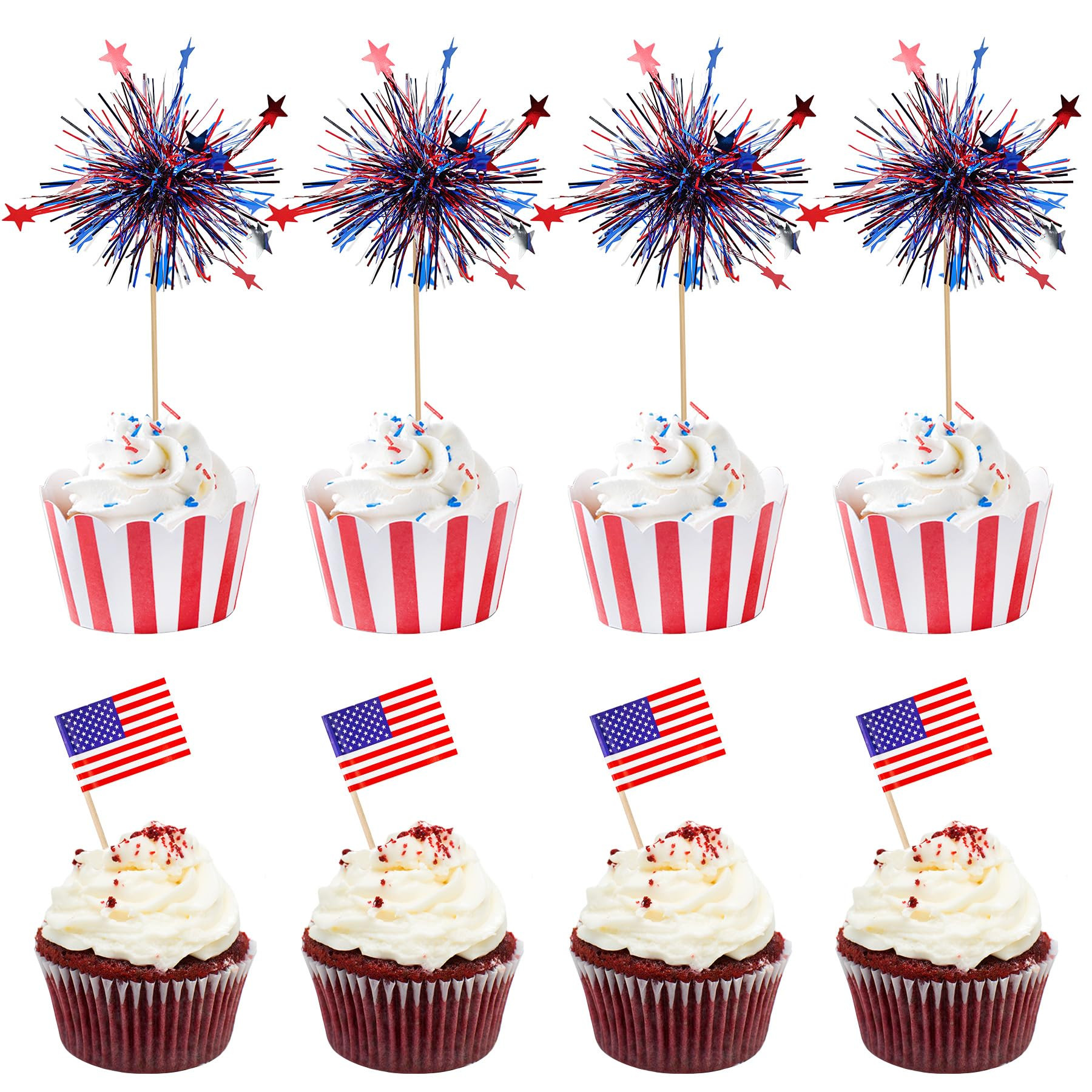 100Pcs American Flag Patriotic Cupcake Toppers, 4th of July Foil Firework Cupcake Toppers Tinsel ... | Amazon (US)