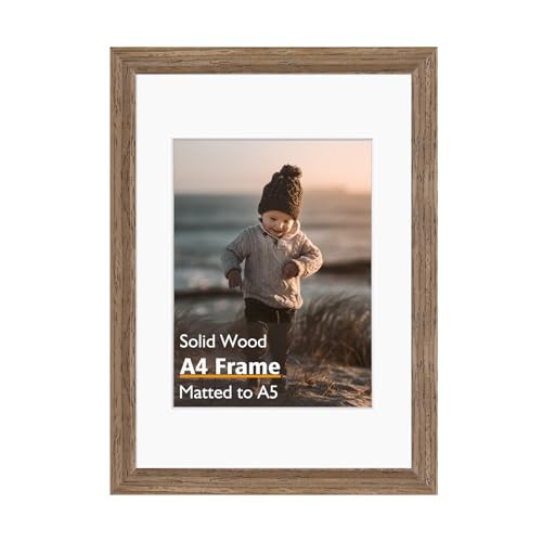 KINLINK A4 Picture Frame, Brown Wood Solid Wood Frame with Acrylic Plexiglass for Pictures A5 with Mat or A4 without Mat, Tabletop and Wall Display Photo Frame 1 Pack | Amazon (US)