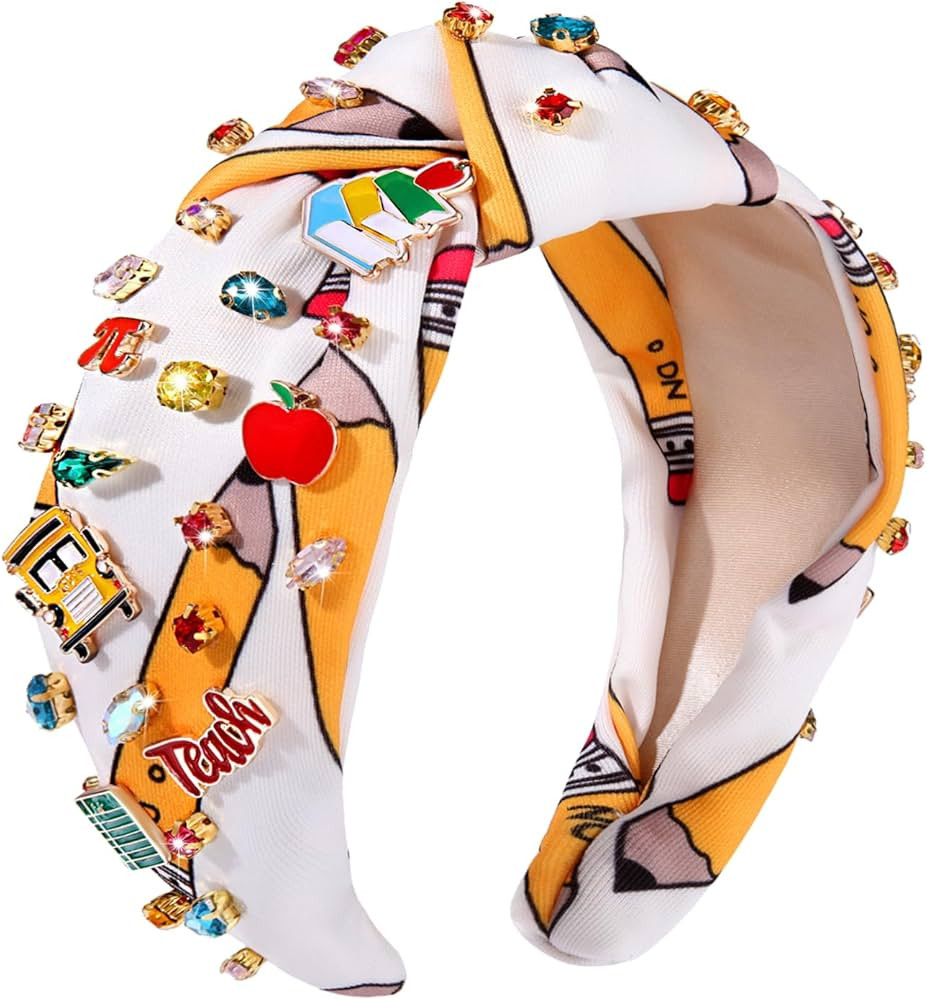 mokkia Teacher Headband Accessories Pearl Crystal Knotted Headband Apple Book Pencil Embellished Hea | Amazon (US)