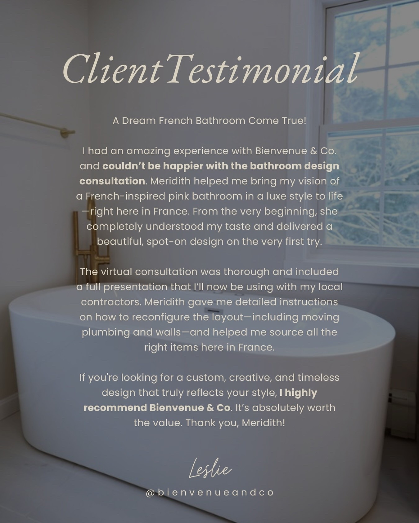 Leslie came to us with a vision for a French-inspired, luxe pink bathroom... and after one virtual consultation, we had a design ready that captured her style exactly. 

From moving plumbing and walls to sourcing the perfect pieces, we gave her a plan her local contractors could bring to life.

Because great design isn’t just about what’s pretty... it’s about making your dream space possible no matter where you are in the world. 

#bienvenueandco #interiordesign #clienttestimonial #virtualdesign #Frenchstyle #luxebathroom #luxedesign #internationaldesign #frenchinspiration #girliebathroom #pinkbathroom #happyclients
