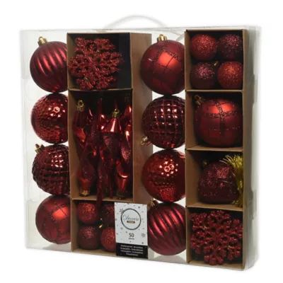 Baubles and Figures 50-Count Assorted Shatterproof Ornaments Set in Red/Burgundy | Bed Bath & Beyond