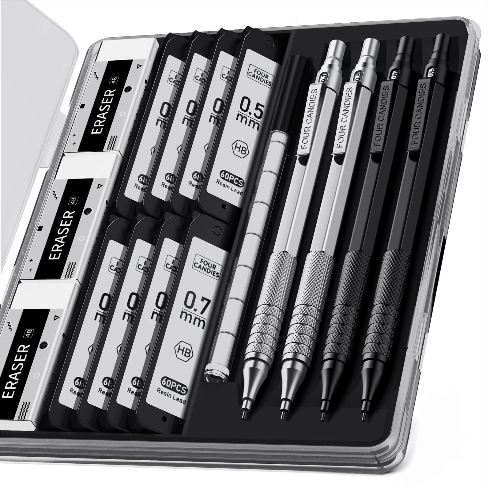 Four Candies 4PCS Metal Mechanical Pencils Set with Case, 0.5mm & 0.7 mm Artist Pencil with 8 Tub... | Walmart (US)
