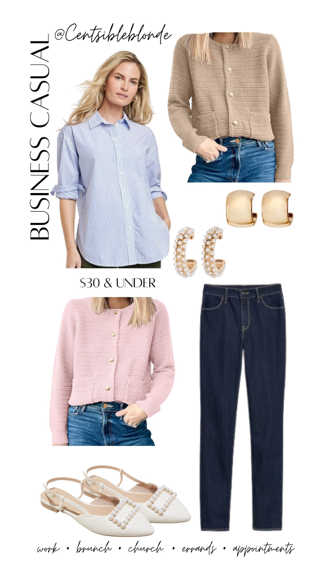 Business casual outfit
Spring outfit 
Spring transition
Gold earrings
Pink cardigan
Tan cardigan
Dressy casual
Striped button down. 
Work wear
Brunch outfit 
Church outfit 