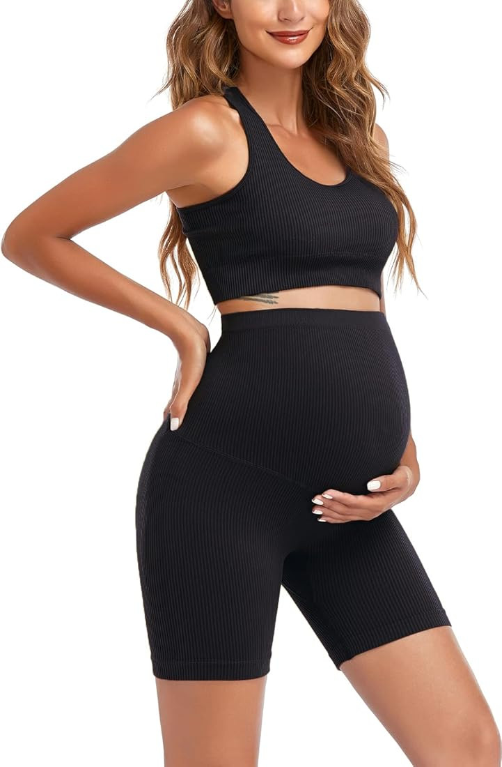 Women's Maternity 2 Piece Outfit Set - Bra & Shorts for Pregnancy - Yoga workout Lounge Wear Sets | Amazon (US)