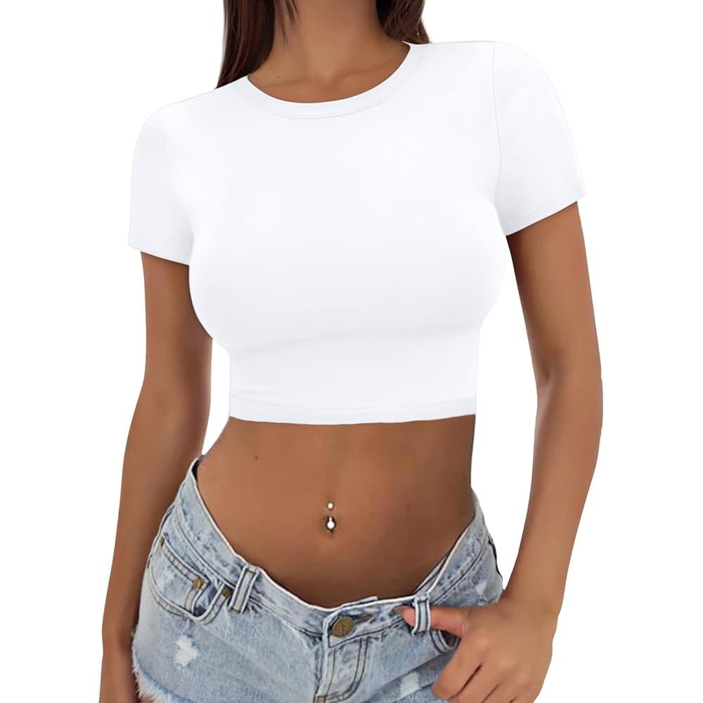 SKYZOO Crop Tops for Women Cute Summer Basic Tees Slim Fit Trendy Short Sleeve T Shirts for Teen ... | Amazon (US)