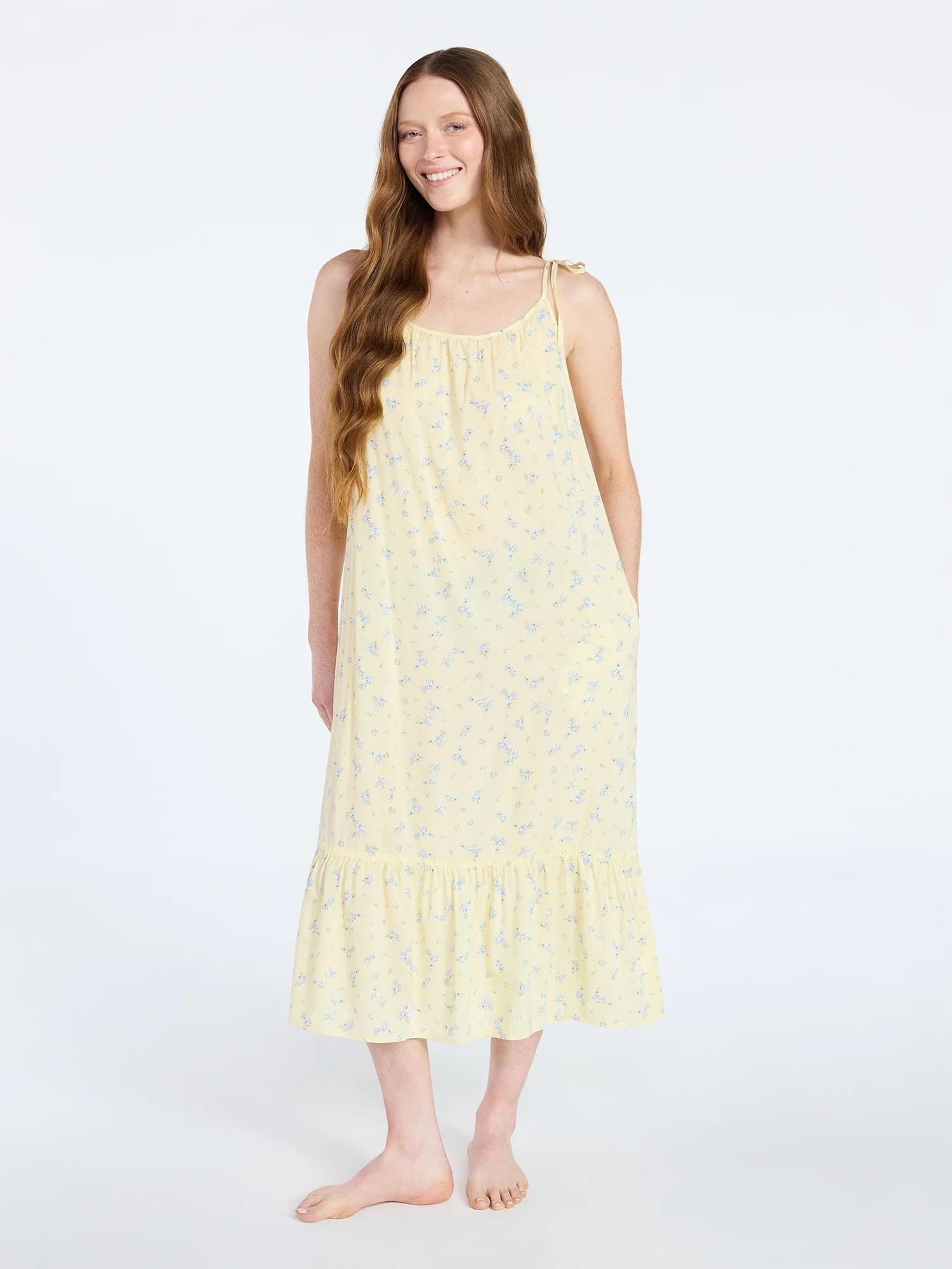 Joyspun Women's Woven Midi Sleep Gown with Shoulder Tie, Sizes XS to 3X | Walmart (US)
