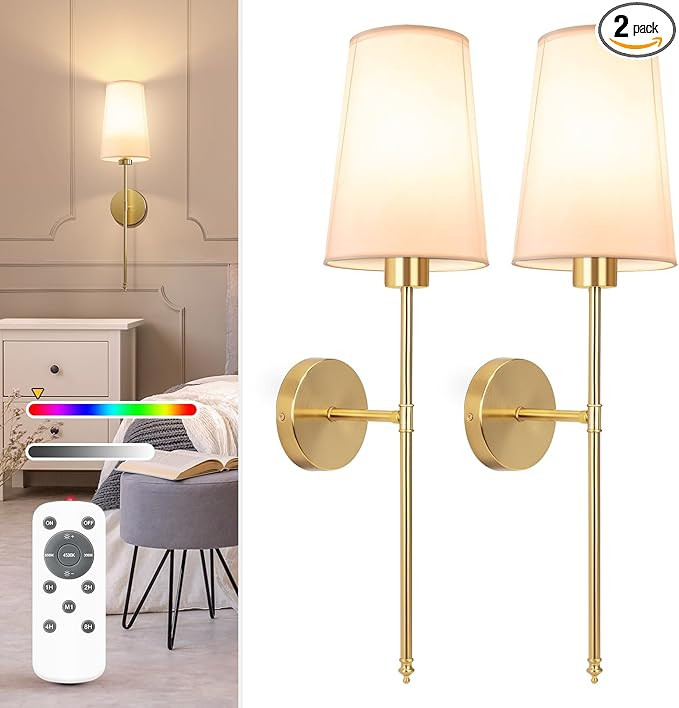 NIORSUN Gold Battery Operated Wall Sconce Set of 2,Rechargeable Wall Lights with 5200mAh Dimmable... | Amazon (US)