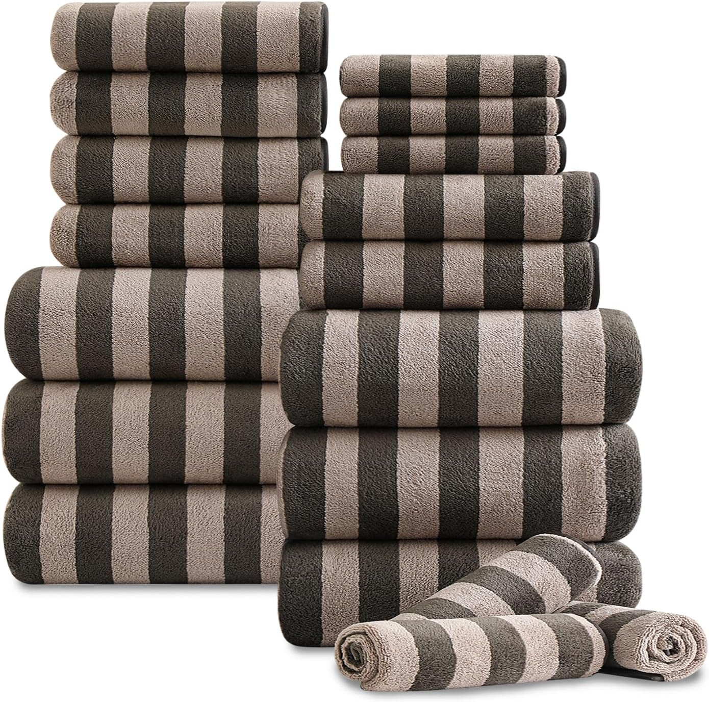 18 Pcs Brown Cabana Stripe Family Towels Set with Hanging Loop-6 Bath Sheets,6 Hand Towels,6 Wash... | Amazon (US)