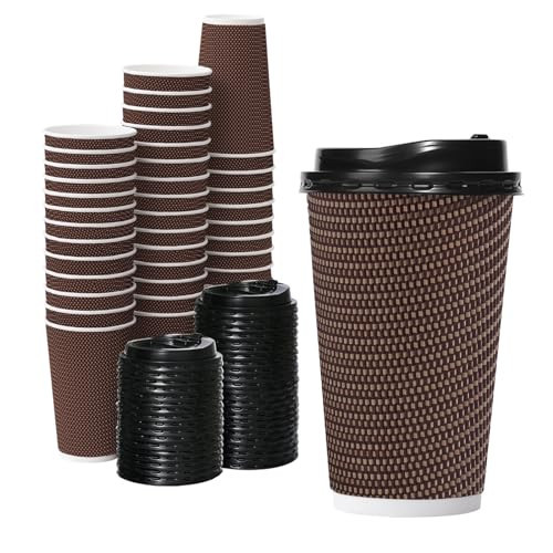 Lamosi 16 oz Coffee Cups, Disposable Coffee Cups with Lids 16 oz, Hot Paper Coffee Cups, To Go Coffee Insulated Cups for Hot/Cold Drinks (Brown, 80 Pack) | Amazon (US)