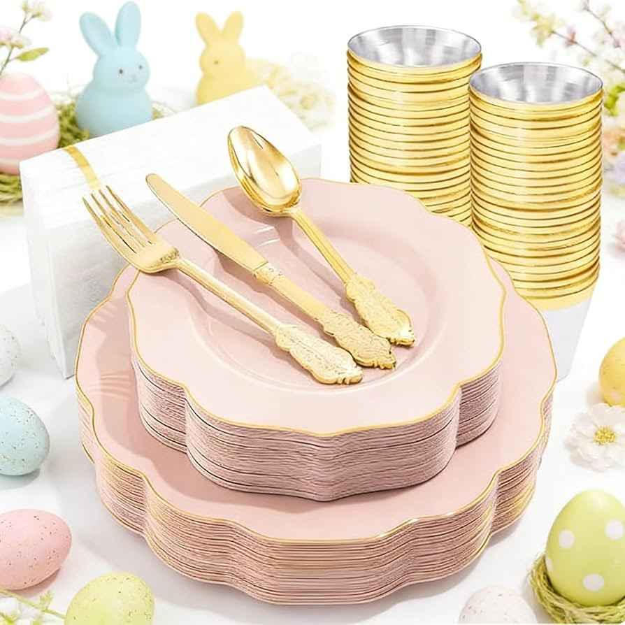 NOCCUR 175PCS Pink Plates with Gold Disposable Silverware - Include 50 Pink Plastic Plates,25 Kni... | Amazon (US)