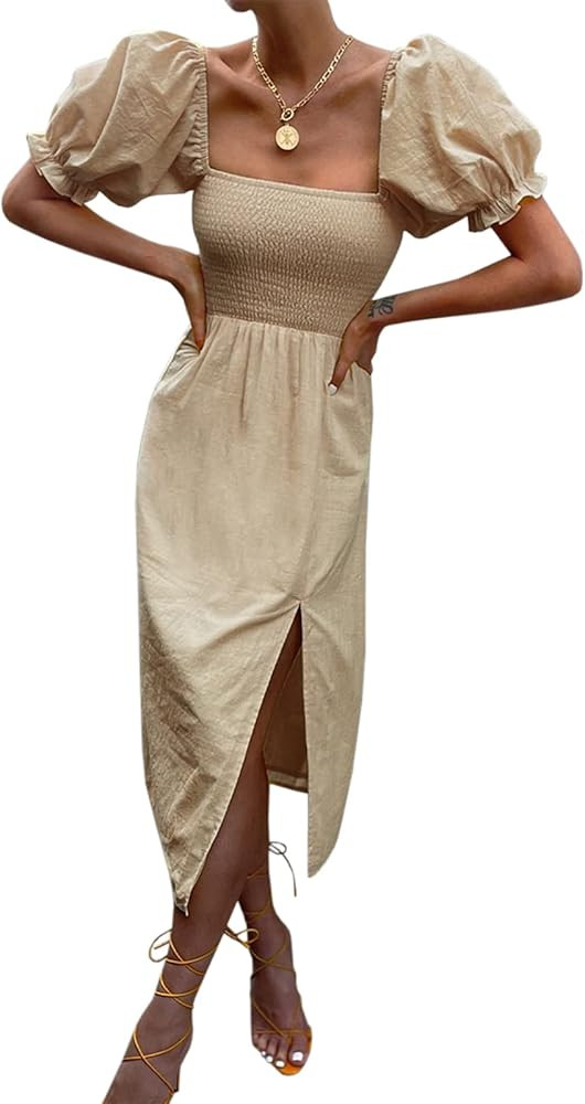 Women's Summer Casual Puff Sleeve Dress Square Neck Smocked Off Shoulder Boho Side Split Midi Dre... | Amazon (US)