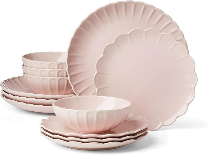Lenox French Perle Scallop Blush Piece Dinnerware Set, 12 Count, Pink | Amazon (US)