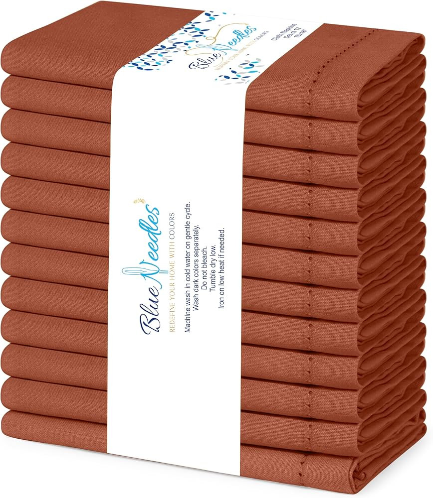 Blue Needles Set of 12 Hemstitch Linen Napkins 100% Cotton Rust Cloth Dinner Napkins 18x18 inches... | Amazon (US)