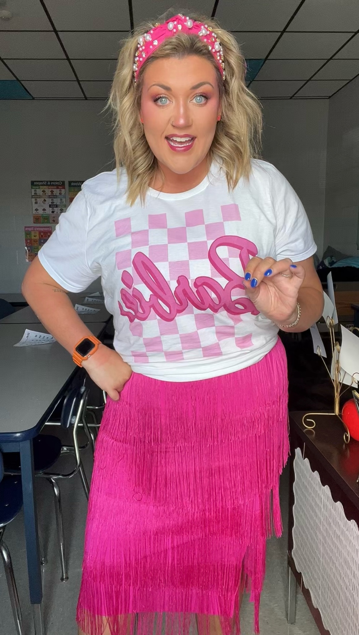 OBSESSED with this High Waist Fringe Tiered Bodycon Pencil Midi Skirt + the perfect Barbie Logo Checkered Background T-Shirt 🩷 This teacher is ONE HAPPY BARBIE! 

#LTKworkwear #LTKplussize #LTKbeauty