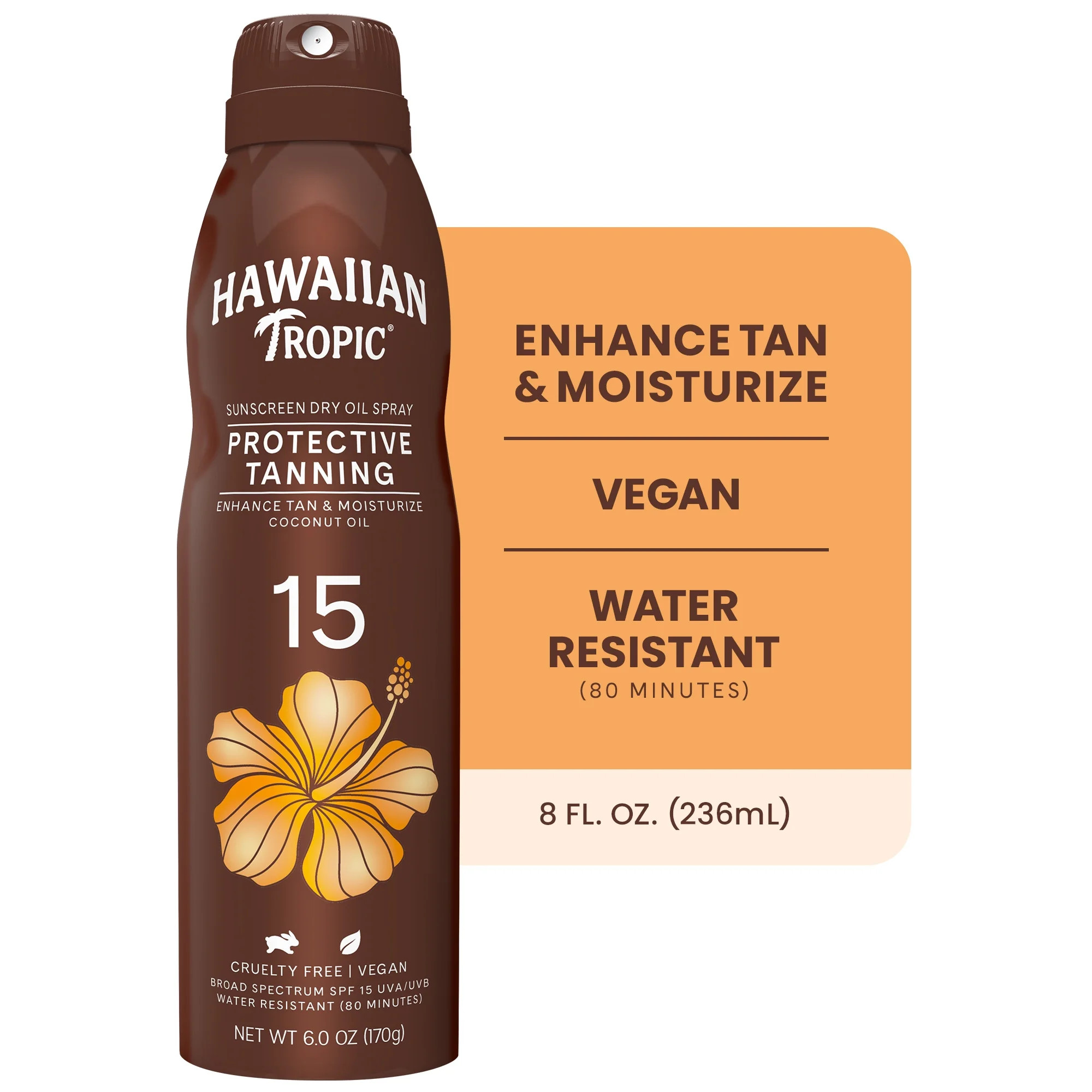 Hawaiian Tropic Protective Tanning Sunscreen, SPF 15, Dry Oil Spray, 6 oz | Walmart (US)