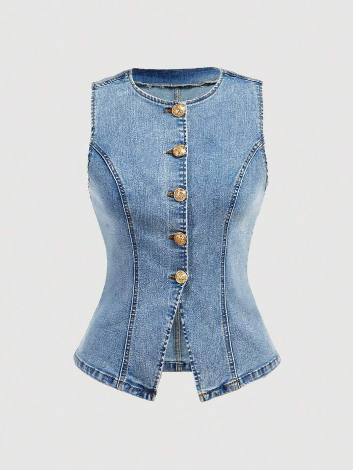 SHEIN MOD Women's Casual Washed Button Front Sleeveless Denim Shirt | SHEIN