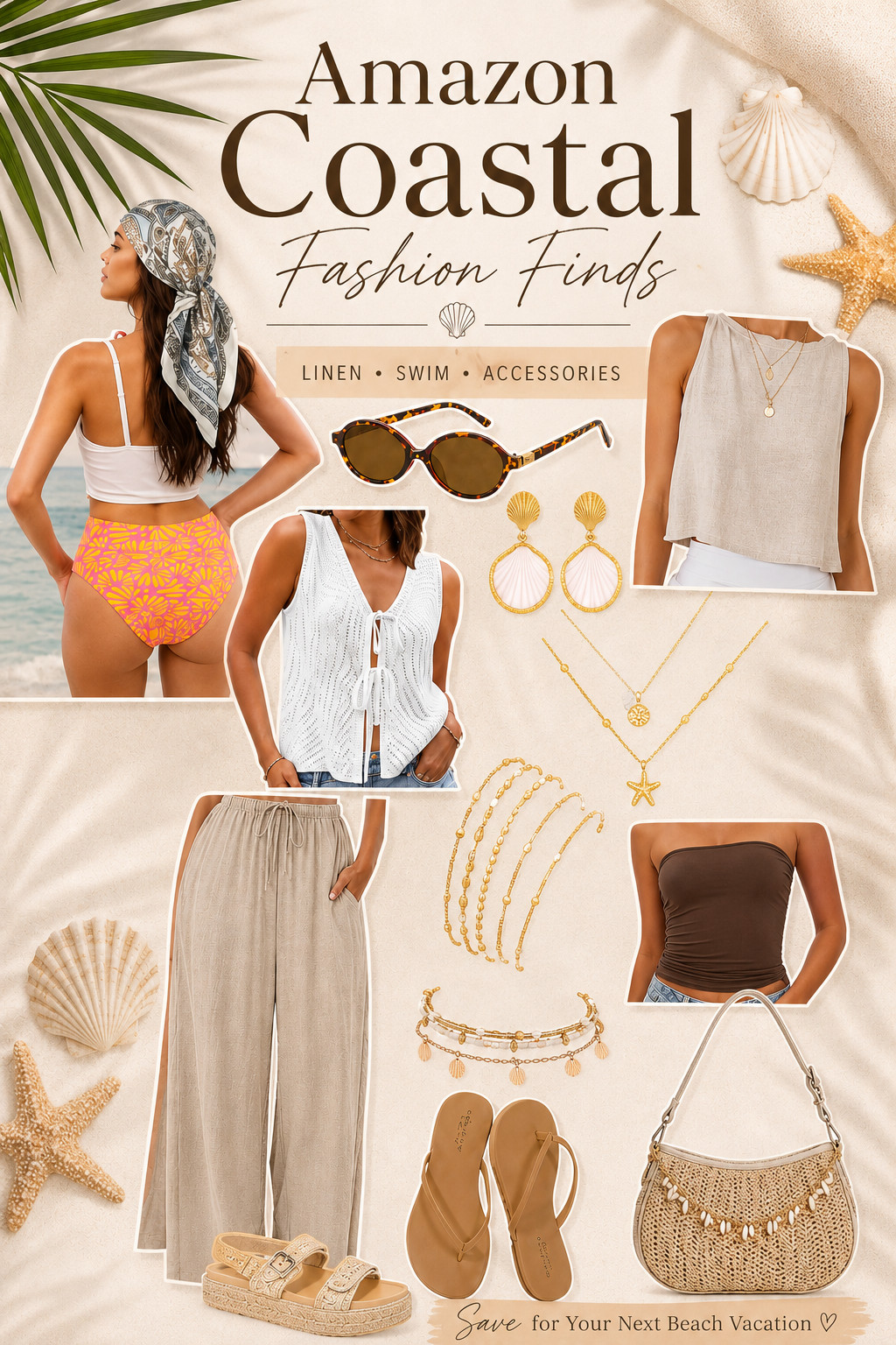 Bring effortless beach style to your wardrobe with this Coastal Collection from Amazon featuring breathable linen pants, a sleeveless linen top, a knit vest, flattering swimwear, raffia sandals, a woven shoulder bag, shell jewelry, sunglasses, and a printed silk scarf. Perfect for beach vacations, coastal living, resort wear, and building a timeless neutral summer capsule wardrobe. Save this collection for your next getaway.

#LTKSeasonal #LTKSwim #LTKTravel