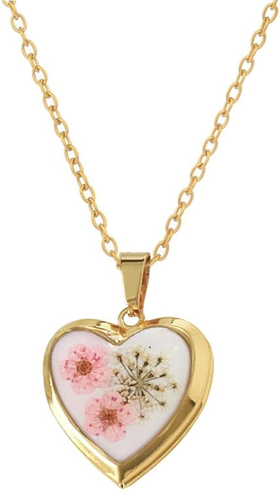 Heart Locket Dried Flower Pendant Necklace Stainless Steel Gold Plated Cute Light Pink Pressed Wi... | Amazon (US)