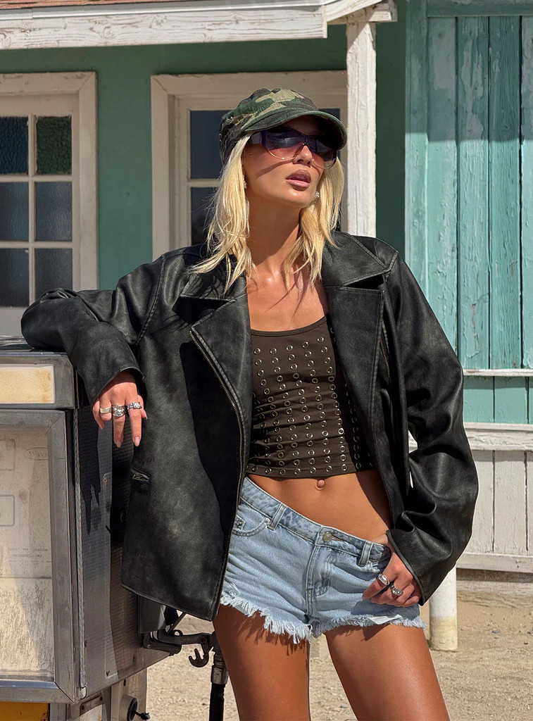 Vyolette Faux Leather Collared Jacket Washed Black | Princess Polly US