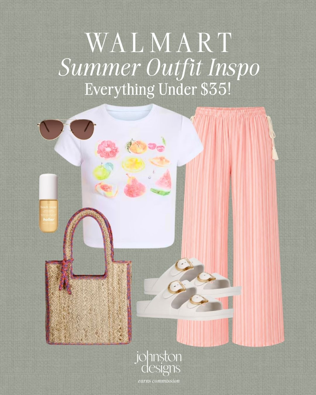 Walmart summer outfit inspo with a fruit tee, pink striped pants and easy beachy accessories. 🍑

Walmart summer outfit, fruit graphic tee, pink striped pants, white buckle sandals, woven tote bag, aviator sunglasses, beachy summer style, casual warm weather outfit, everything under $35, affordable Walmart fashion, colorful summer look, vacation outfit idea, budget friendly style finds, everyday outfit inspo 

 #LTKootd #LTKSeasonal #LTKTravel
