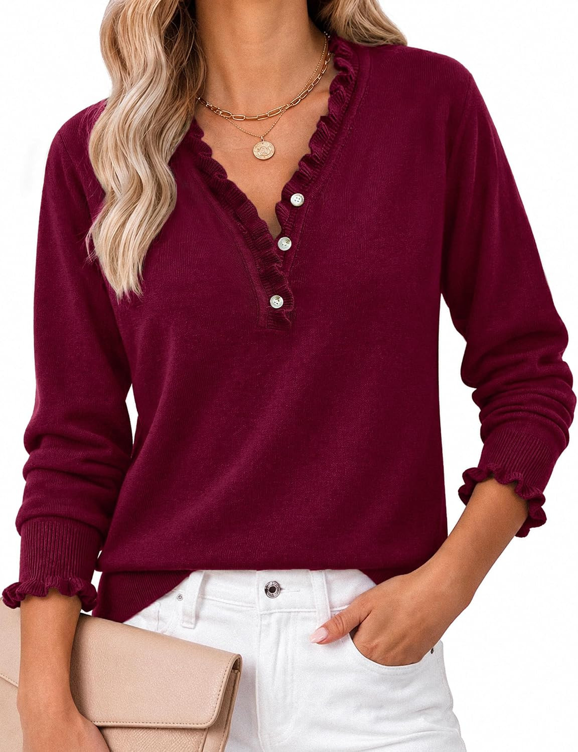 BB&KK Sweater for Women Ruffle V Neck Long Sleeve Knit Pullover | Amazon (US)