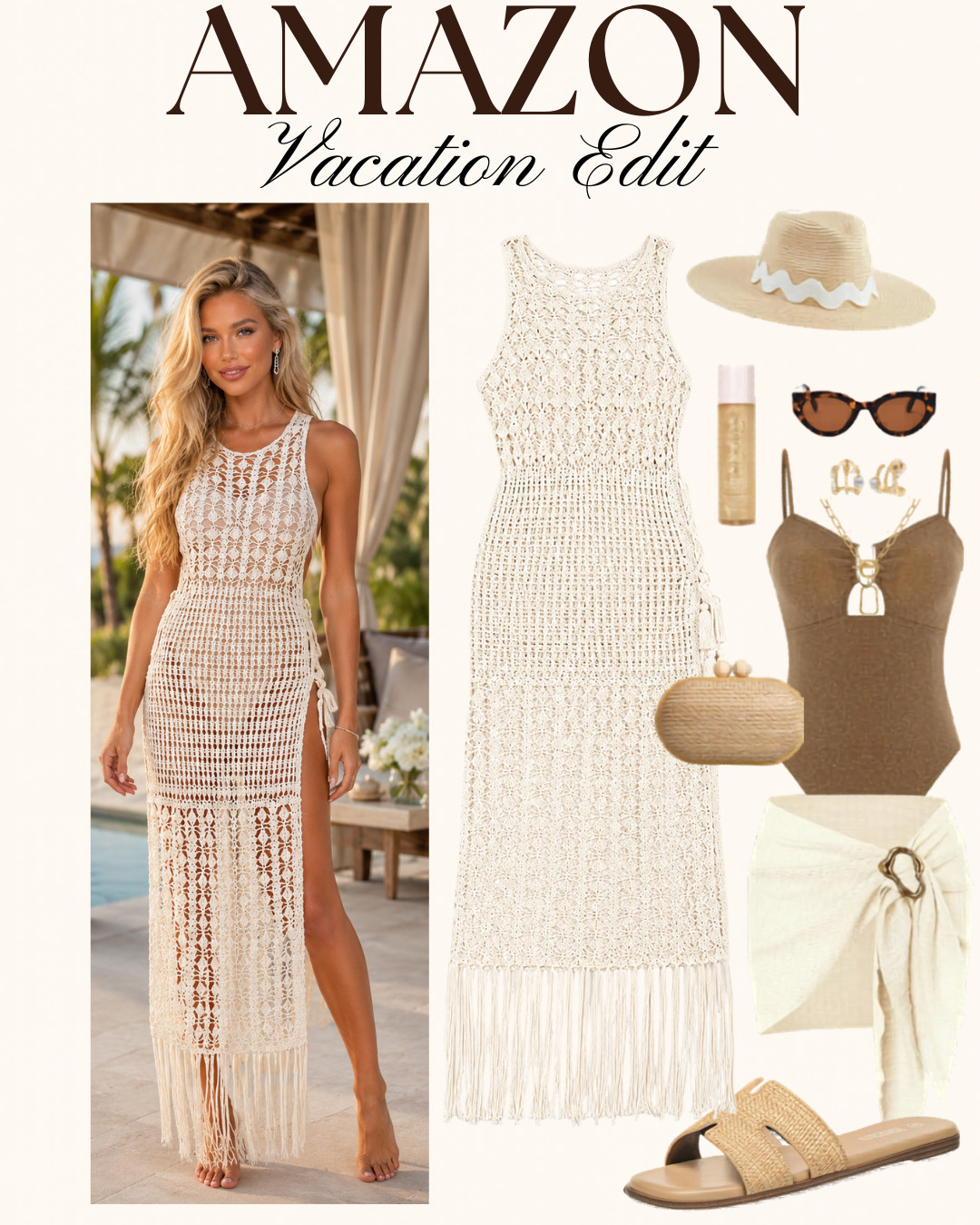 AMAZON Vacation Edit 🤍 Chic resortwear and beachwear finds that look effortlessly elevated without the luxury price tag. This crochet coverup instantly gives that coastal vacation vibe and pairs perfectly with neutral swimwear, woven accessories, and easy summer staples. Whether you’re packing for a tropical getaway, beach vacation, cruise, or poolside weekend, these Amazon fashion finds make summer styling feel simple, polished, and timeless. Saving all the neutral resortwear inspo for vacation season ✨ #ad #amazon #amazonfashion

#amazonfinds #vacationoutfits #beachwear #resortwear #summerstyle #swimcoverup #neutralstyle #beachvacation #vacationstyle #summerfashion #poolsidevibes #amazonstyle #tropicalvacation #coastalstyle #resortfashion 

 