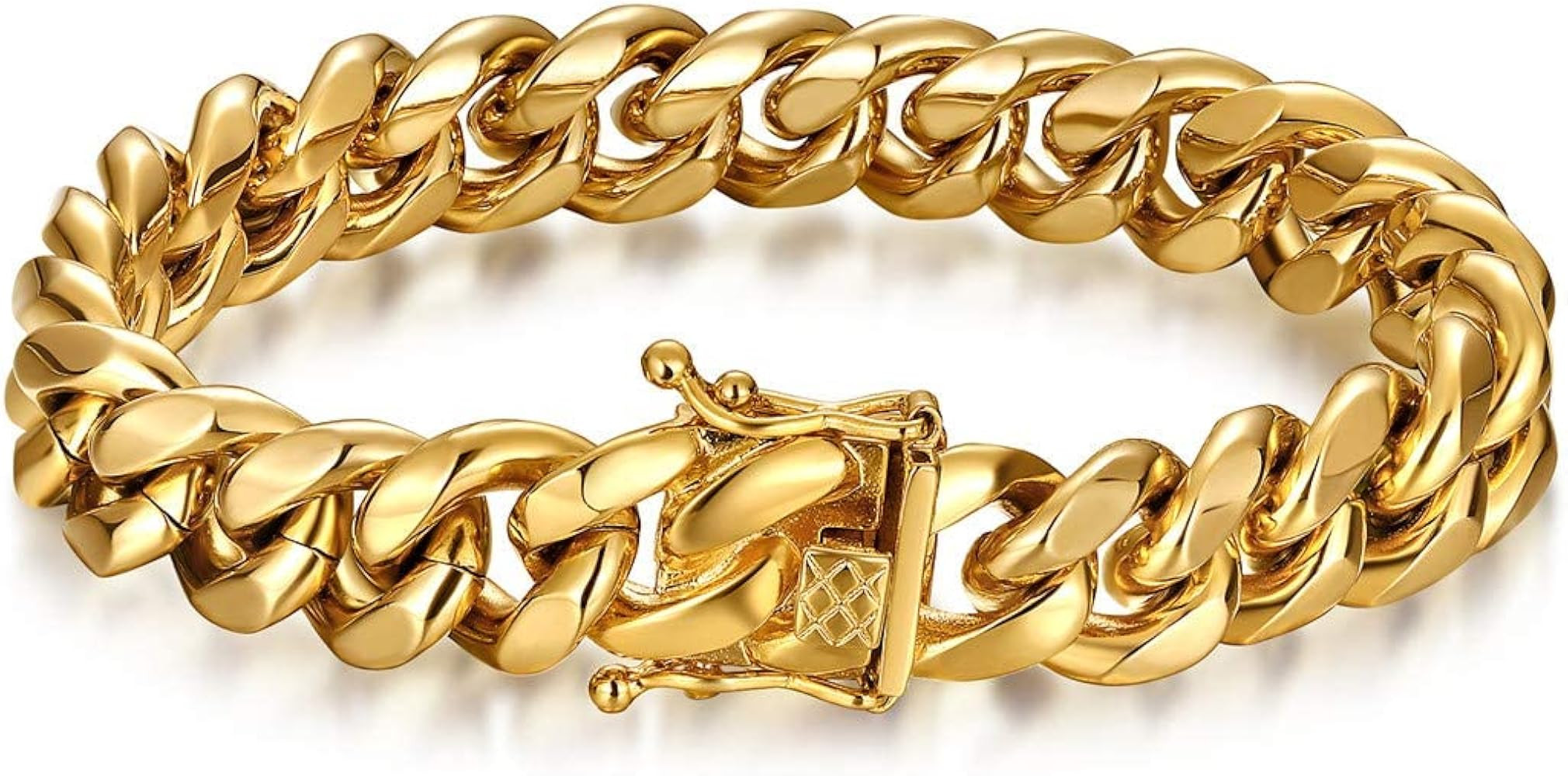 ROWIN&CO Mens Cuban Chain Bracelet 18K Gold Stainless Steel Curb Bracelet Chain, Hip Hop Jewelry Miami Cuban Link, Nickel-Free, Thick Wristchain, 15mm - Available in 8/8.5/9.5 Inch. | Amazon (US)