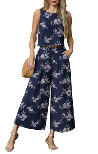 Lepunuo Womens 2 Piece Outfits Summer Beach Vacation Clothes for Women Sleeveless Crop Top Flowy Wide Leg Pants Matching Sets | Amazon (US)