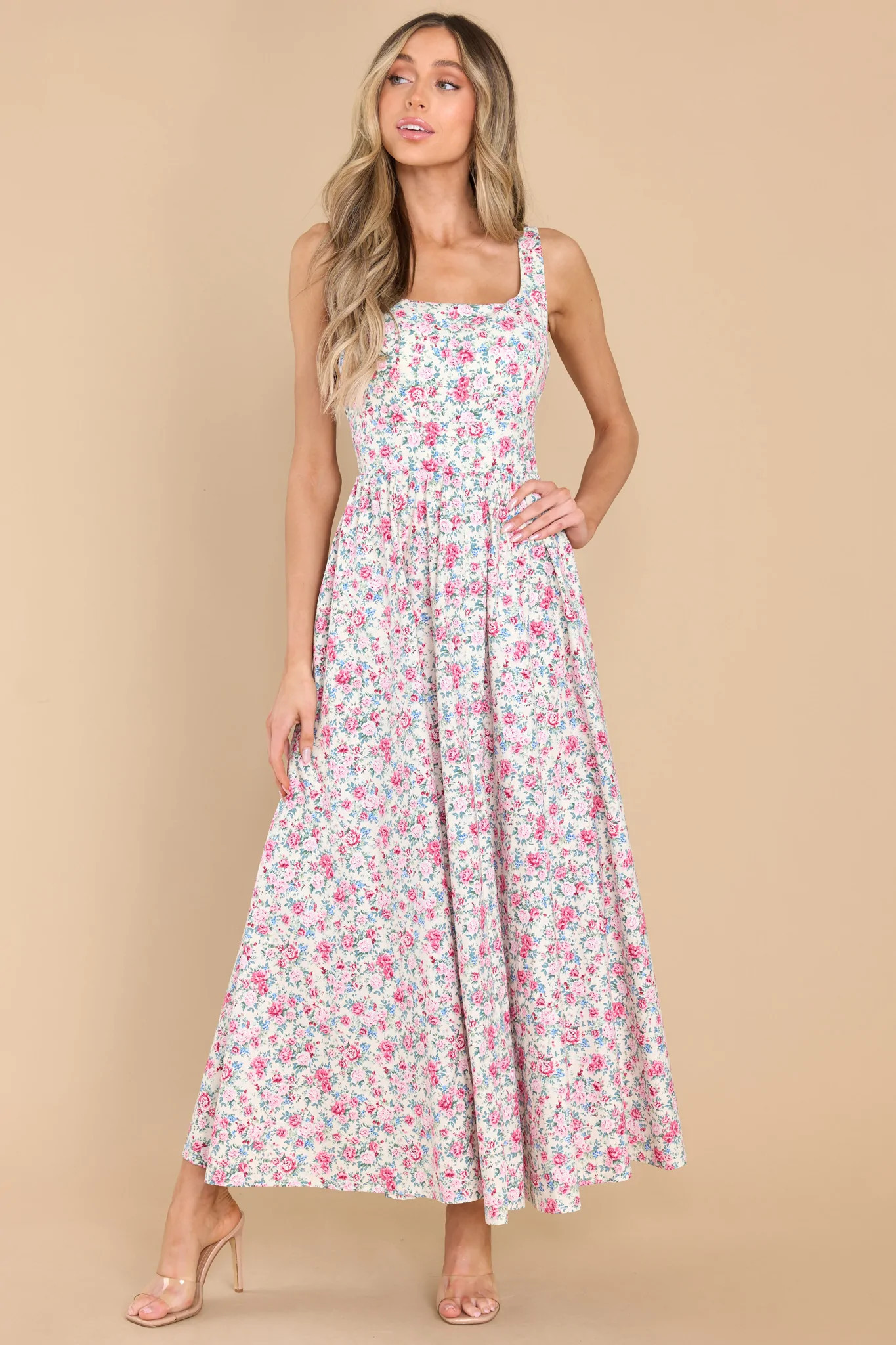 Beautiful Angel Ivory Multi Floral Print Maxi Dress | Red Dress 