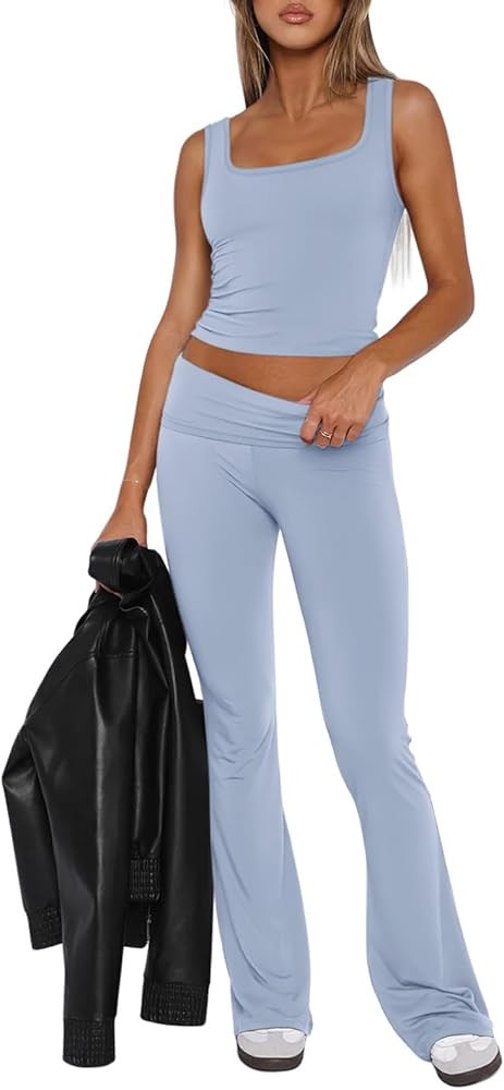 REORIA Women's Casual Outfits Soft Square Neck Sleeveless Tank Crop Tops Fold Over Flare Pants Y2... | Amazon (US)