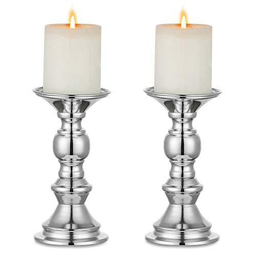 Nuptio Silver Pillar Candle Holders, Wedding Centerpieces Metal Candle Holder for 50mm Candles Stand Decoration Ideal for Weddings Special Events Parties Living Room, 2 Pcs | Amazon (US)