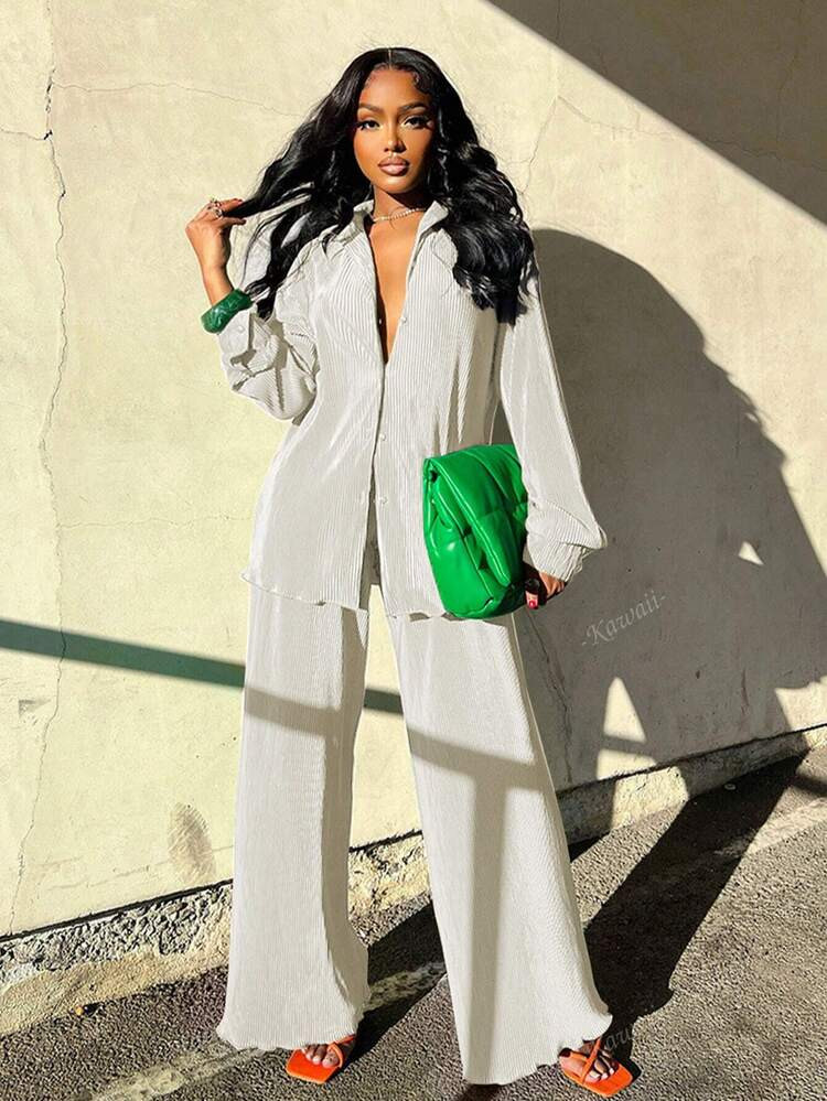 Fashion Casual Printed Pleated Shirt Two Pieces Set Women's Comfortable Flip Leg Pants Wide Leg P... | SHEIN