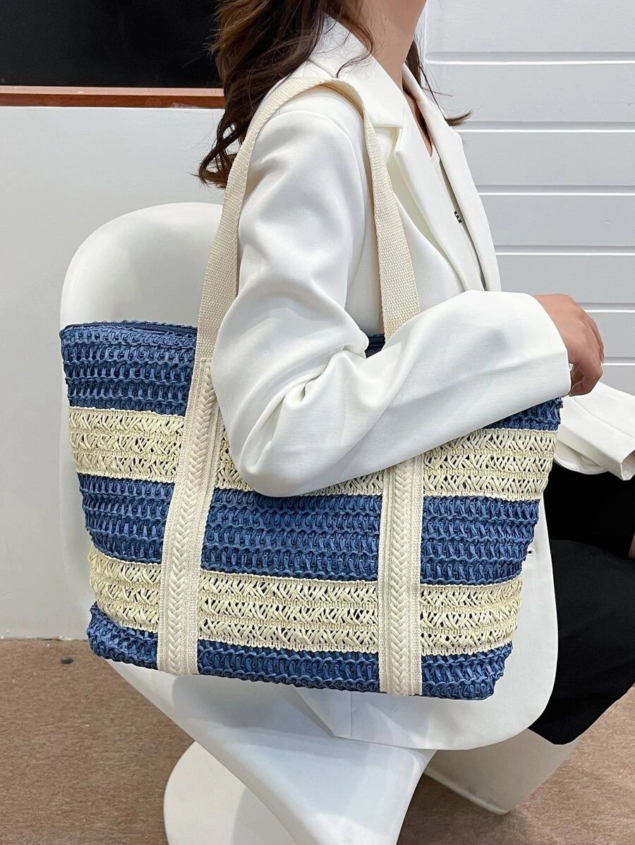 Two Tone Large Capacity Straw Bag SKU: sg2212301230472029New$21.00Make 4 payments of $5.25 $19.95... | SHEIN