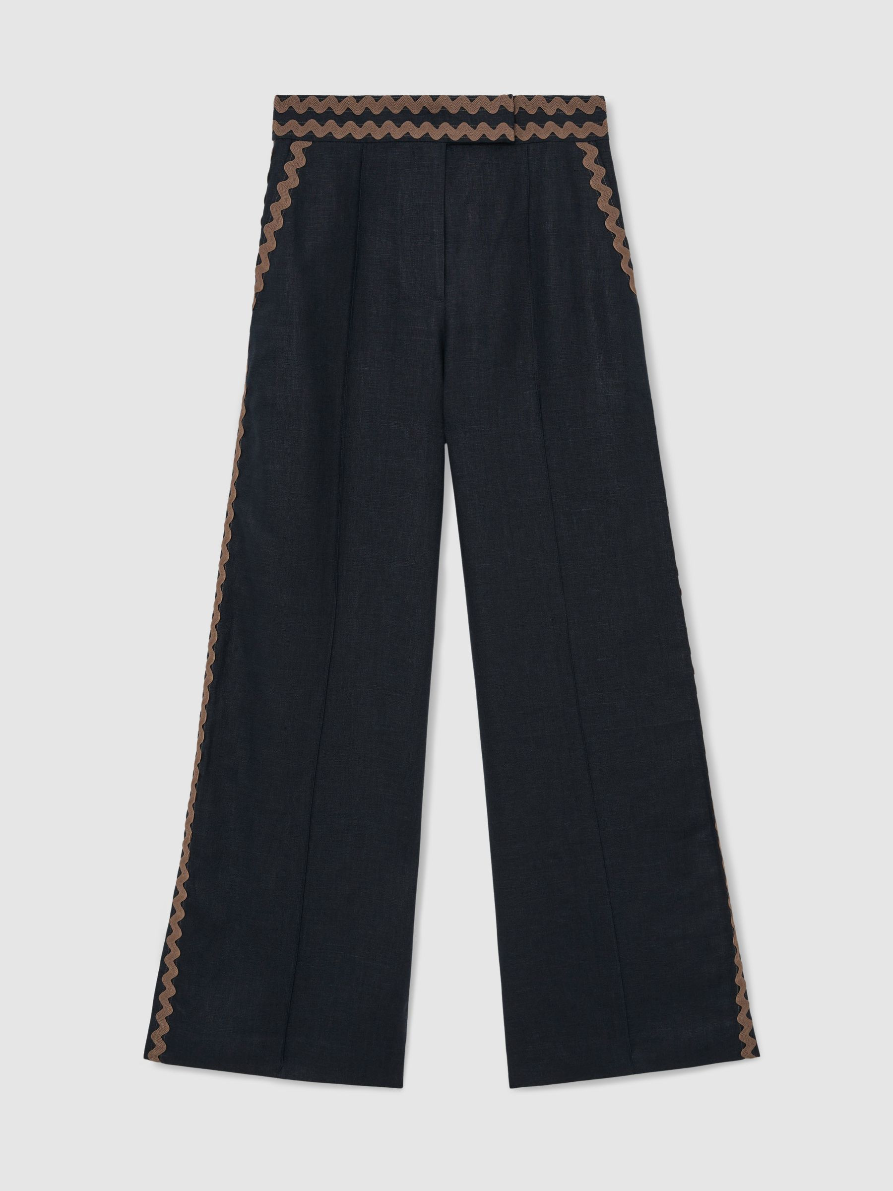 Reiss Linen Wave-Trim Wide-Leg Trousers in Navy/Brown - REISS | Reiss UK