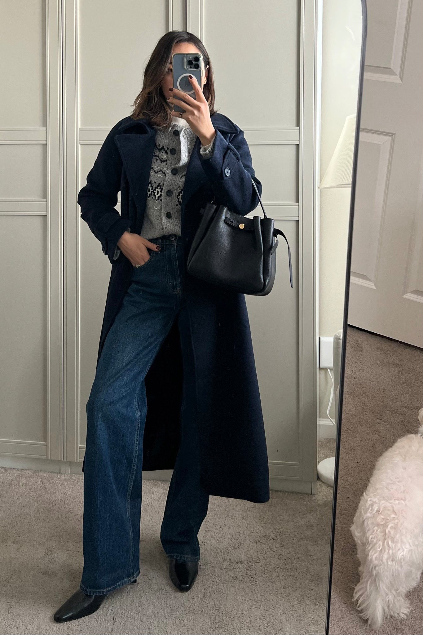 Winter outfit 

Abercrombie coat 
Jcrew fair aisle cardigan — sold out, links to similar styles 
Abercrombie wide leg jeans — wearing the regular length 
Madewell boots — linked to similar style

#LTKootd